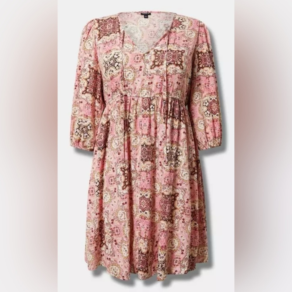 Torrid Size 0 Pink Pattern Medallion Gauze Mini Tunic‎ Dress Boho Skater V-Neck